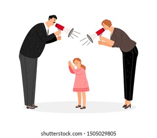 Agressive parents. Vector parents scream at their little daughter. Sad kid, angry mother and father characters. Domestic violence