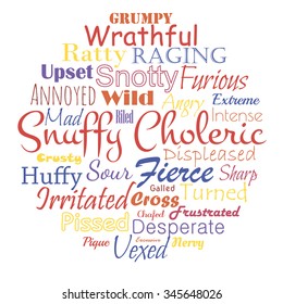Agressive related adjectives within word cloud. Vector illustration.