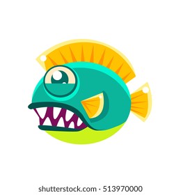 Agressive Round Turquoise Fantastic Aquarium Tropical Fish With Big Teeth Cartoon Character