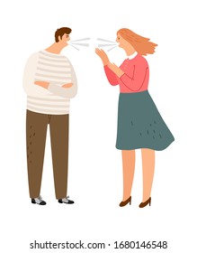 Agressive screaming characters. Family quarrel, woman man bad behavior. Husban and wife conflict vector illustration