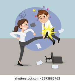 Agressive Woman kicking businessman in office. Business conflict in workplac.illustration vector eps10 cartoon. 