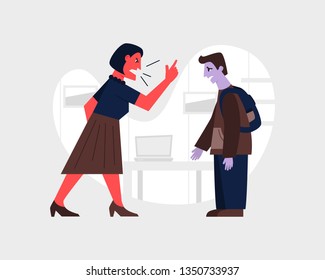 Agressive woman yelling at a scared teenage boy. Abusive relationship vector illustration. Family violence and aggression concept. Mother screaming at son