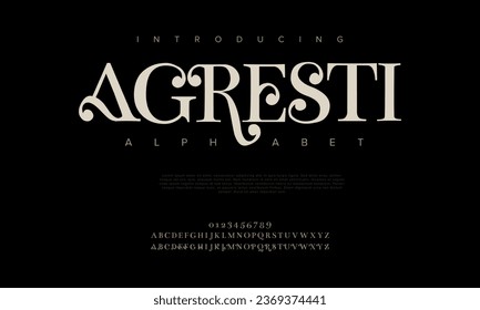 Agresti premium luxury elegant alphabet letters and numbers. Elegant wedding typography classic serif font decorative vintage retro. Creative vector illustration