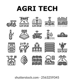 agri tech precision drones iot icons set vector. sensors, robotics, automation, data analytics ai, machinelearning, hydroponics agri tech precision drones iot black contour illustrations