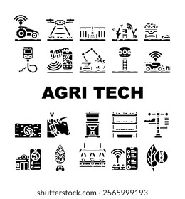 agri tech precision drones iot icons set vector. sensors robotics, automation data, analytics, ai, machine learning, blockchain agri tech precision drones iot glyph pictogram Illustrations