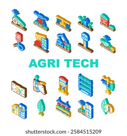 agri tech precision drones iot icons set vector. sensors robotics, automation data, analytics, ai, machine learning, blockchain agri tech precision drones iot isometric sign illustrations