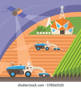 Agribots machines working in the field using GPS signal from satellite and network connection. Farmer uses Precision Agriculture technologies to improve productivity and reduce crop losses. Vector