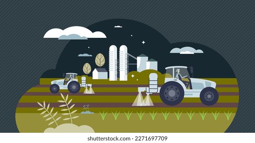 Agribusiness as agriculture business with maximal profit tiny person concept. Crops and farmland industry with productive and successful harvest work vector illustration. Industrial food production.