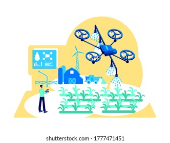 Agribusiness automation flat concept vector illustration. Drone for irrigation. Modern greenhouse. Farmer with device control 2D cartoon character for web design. Digital agriculture creative idea
