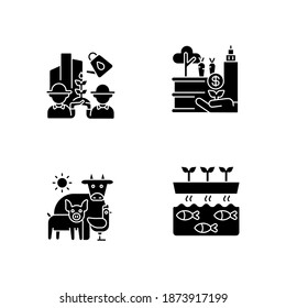 Agribusiness Flat Design Long Shadow Glyph Icons Set. Community Farming. Animal Husbandry. Aquaponic Production. Biotechnology Structure. Silhouette Symbols. Vector Isolated Illustration