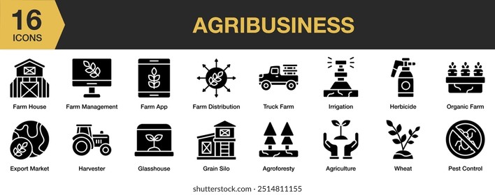Agribusiness Glyph icon set. Includes farm house, glasshouse, grain silo, harvester, irrigation, and More. Solid icons vector collection.