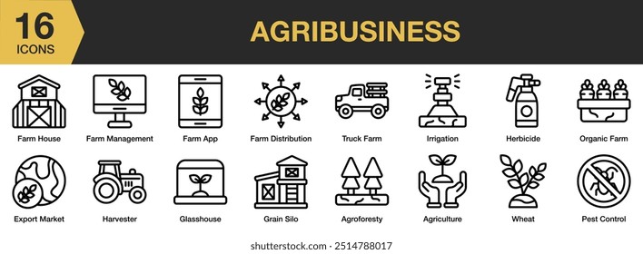 Conjunto de iconos de agroindustria. Incluye casa de la granja, invernadero, silo de grano, cosechadora, riego y más. Colección de Vector de iconos de contorno.