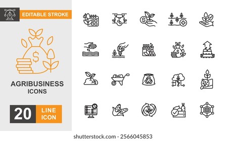 Agribusiness line editable icon set. Farming, gardening, harvest, planting, cow, growth and more line icons