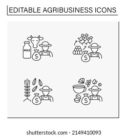 Agribusiness line icons set. Dairy and grains farming, egg hatchery production, tea and coffee cultivation. Profitable business concept. Isolated vector illustrations. Editable stroke