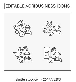 Agribusiness line icons set. Fruit trees cultivation, pig breeding, poultry farming and juice production.Profitable business concept. Isolated vector illustrations. Editable stroke