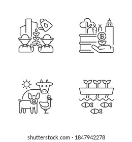 Agribusiness linear icons set. Community farming. Tactical garden. Animal husbandry. Aquaponic structure. Customizable thin line contour symbols. Isolated vector outline illustrations. Editable stroke