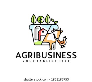 Agribusiness, silos or storage, barn, plants, cow and chicken, logo design. Agriculture, farm, farming, garden and animal husbandry, vector design and illustration