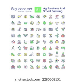 Agribusiness and smart farming RGB color icons set. Agriculture technologies. E-agriculture. Process automation. Isolated vector illustrations. Simple filled line drawings collection. Editable stroke