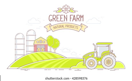 Agribusiness. Vector horizontal illustration of colorful green farm life with natural economy on white background. Village landscape concept. Thin line art flat design of countryside for farming theme