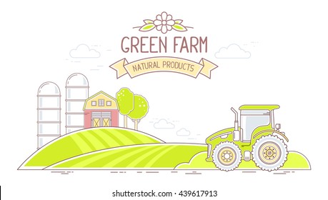 Agribusiness. Vector horizontal illustration of colorful green farm life with natural economy on white background. Village landscape concept. Thin line art flat design of countryside for farming