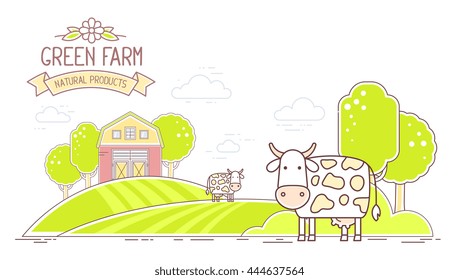 Agribusiness. Vector horizontal illustration of colorful modern cattle farm life with natural economy on white background. Village landscape. Thin line art flat design of countryside for agricultural