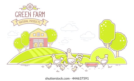 Agribusiness. Vector horizontal illustration of colorful modern poultry green farm life with natural economy on white background. Village landscape. Thin line art flat design of countryside of farming