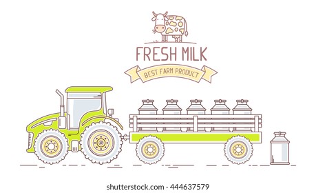 Agribusiness. Vector horizontal illustration of green farm tractor with cart with milk can on white background. Village landscape. Thin line art flat design of countryside for farming and agricultural