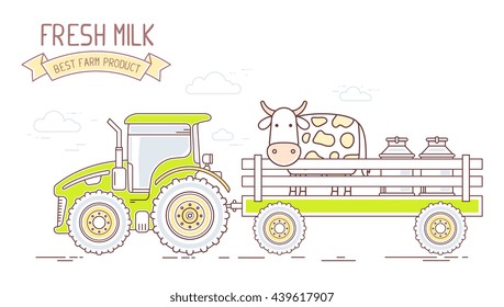 Agribusiness. Vector illustration of farm tractor with green cart with milk can and cow isolated on white background. Village landscape. Thin line art flat design of countryside for agricultural
