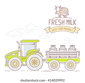 Agribusiness. Vector illustration of green farm tractor and cart with milk can isolated on white background. Village landscape. Thin line art flat design of countryside for farming, agricultural theme