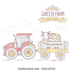 Agribusiness. Vector illustration of red farm tractor with cart a cow isolated on white background. Village landscape. Thin line art flat design of countryside for farming and agricultural theme