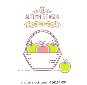 Agribusiness. Vector illustration of wicker basket filled with red and green tasty apple fruits on white background. Harvest time. Autumn season. Thin line art flat design of apple for farming theme