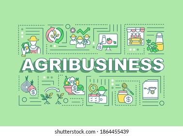 Agribusiness word concepts banner. Agricultural production. Infographics with linear icons on mint background. Isolated typography. Vector outline RGB color illustration