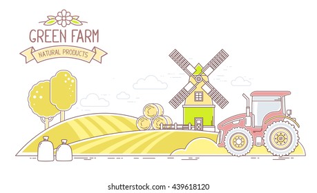 Agribusiness.Vector horizontal illustration of autumn harvest yellow farm life with natural economy on white background.Village landscape.Thin line art flat design of countryside for agricultural