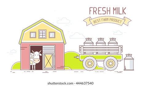 Agribusiness.Vector horizontal illustration of colorful modern milk farm life with natural economy on white background.Village landscape.Thin line art flat design of countryside for agricultural theme