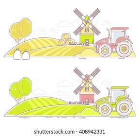 Agribusiness.Vector illustration of colorful farm life with natural economy on white background.Village landscape.Thin line art flat design of countryside for farming web, site, agricultural interface