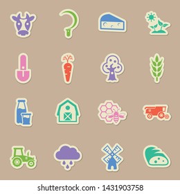 agricaltural business color sticker vector icons. agricalture paper labels with transparent shadow on beige background for web, mobile and user interface design
