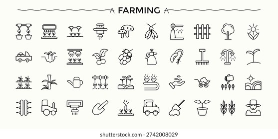 Agriculter icon set. Contain linear symbols green, agriculture, farming, plant, garden, hay and more. Garden icon set. Icons for UI design. Editable stroke. Vector collection.