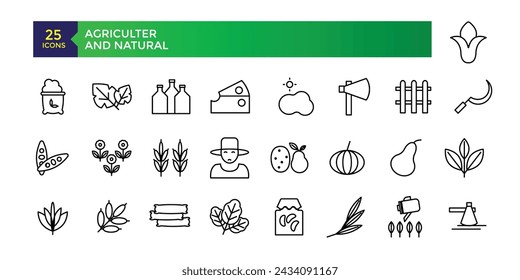 Landwirtschaftliche dünne Linie Icons Set von Ökologie, Umwelt und Nachhaltigkeit Konzepte. Gliederungssymbolsammlung. Vektorgrafik.