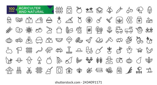 Conjunto de iconos de línea delgada del agricultor de conceptos de ecología, medio ambiente y sostenibilidad. Colección de símbolos de contorno. Ilustración vectorial.