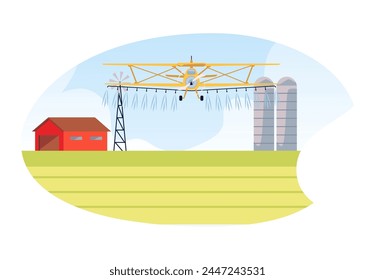 Agricultural aircraft in action over crops. Vector flat illustration depicts crop spraying, pest control, farmland care. Ideal for educational materials.