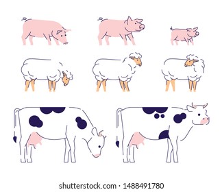 Agricultural animals flat vector illustration. Livestock farming, domestic animals husbandry design elements with outline. Cows, sheeps and pigs side view isolated on white background