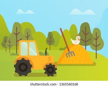 Agricultural area vector, tractor machinery for tending crops and grounds. Hay with dry glass and hayfork, hay nature trees and meadows harvesting season