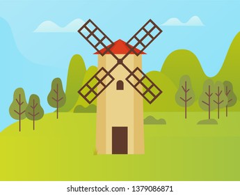 Agricultural area vector, windmill for storage of crops. Harvesting season, farming in rural territory. Forest with trees and bushes, green meadows