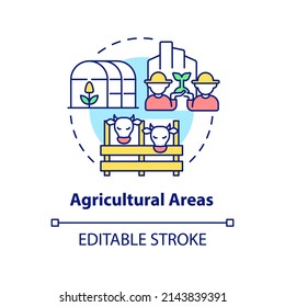 Agricultural areas concept icon. Land use classification abstract idea thin line illustration. Places for farming purposes. Isolated outline drawing. Editable stroke. Arial, Myriad Pro-Bold fonts used