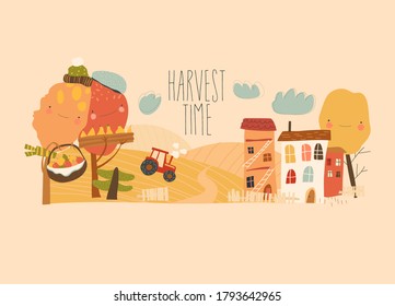 Agricultural autumn landscapes with tractor, hay field and trees. Harvest in countryside.