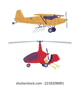 Agricultural aviation. Biplane and rotorcraft with propeller for agricultural and farming works flat vector illustration