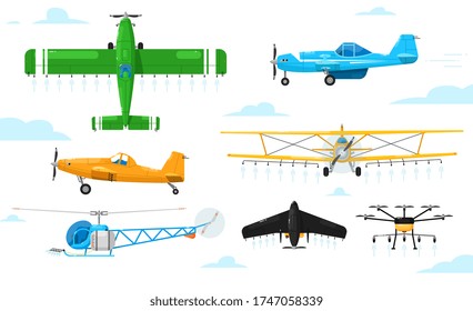 Agricultural aviation. Crop duster aircrafts spraying chemicals set. Airplane, biplane, monoplane, helicopter, drone spraying pesticides agricultural aviation collection