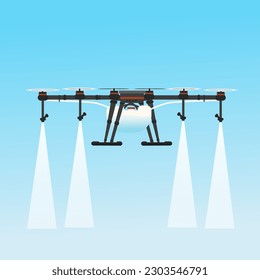 Agricultural aviation. Drone spraying pesticides and fertilizers flat vector illustration