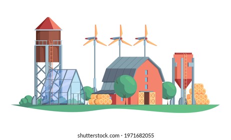 Agricultural background. Farm rural buildings windmill and vehicles garish vector cartoon illustration