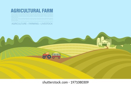 Agricultural background with tractor on field, landscape, farm. Tractor with trailer carries the harvest.